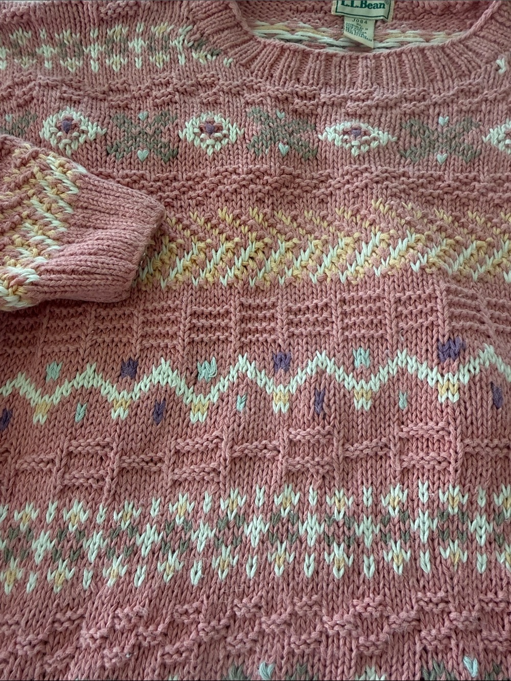 L.L.Bean Vintage Fair Isle Knit Sweater – Pink Cozy Cottagecore Pullover Size XL - Picture 5 of 6